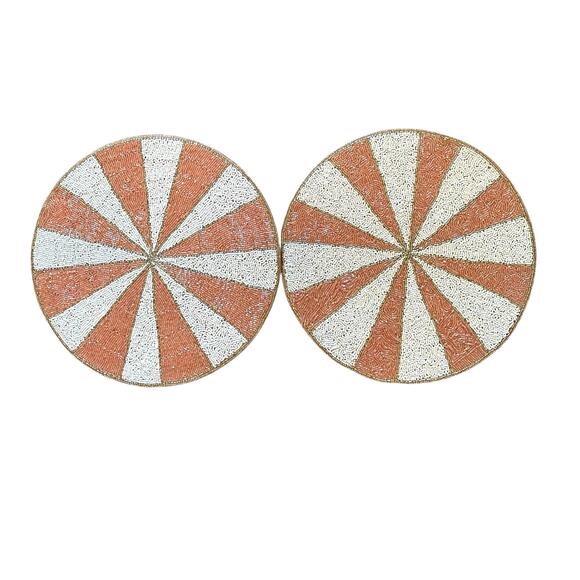 Max Studio Pink & White Candy Stripe Beaded Placemats 15in Set of 2 Holiday New - Picture 2 of 15